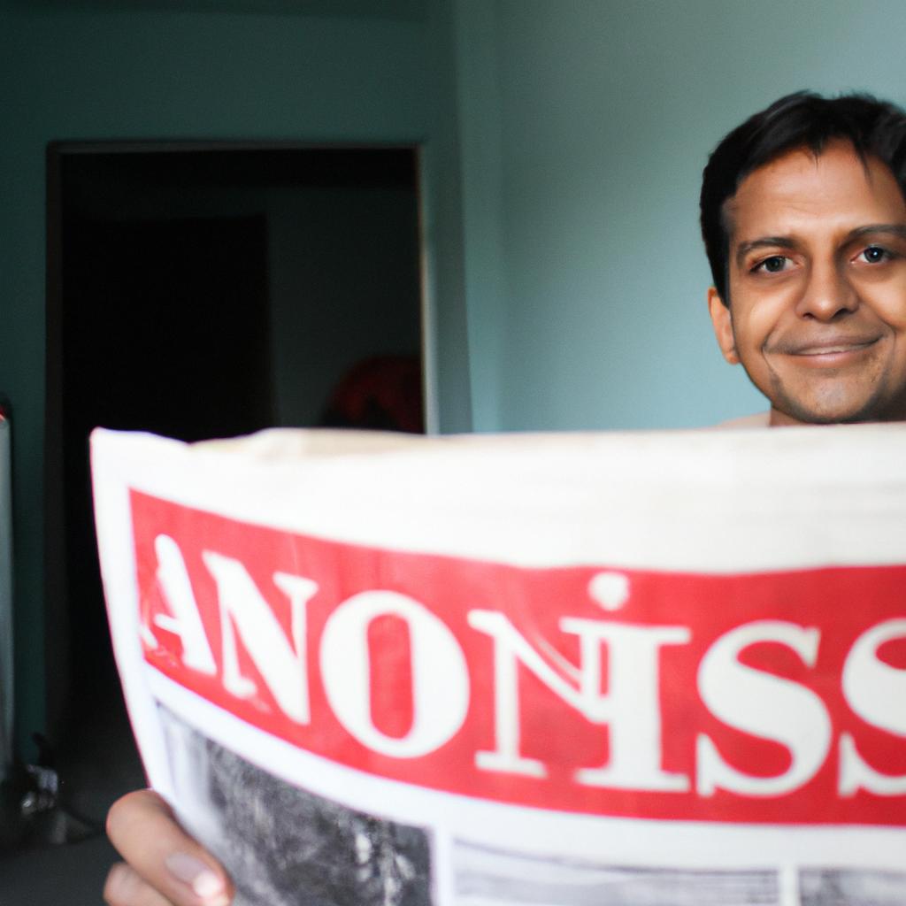 Person holding a newspaper, smiling