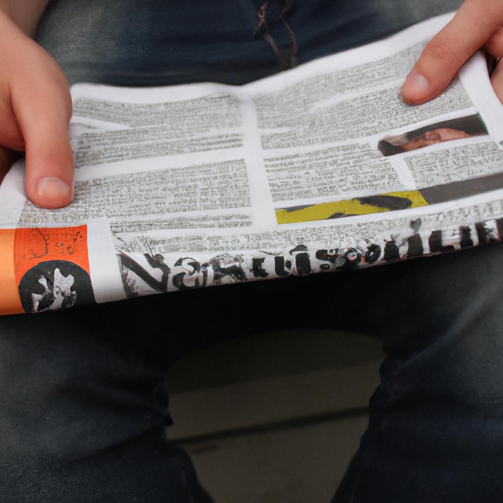 Person holding newspaper, reading critically